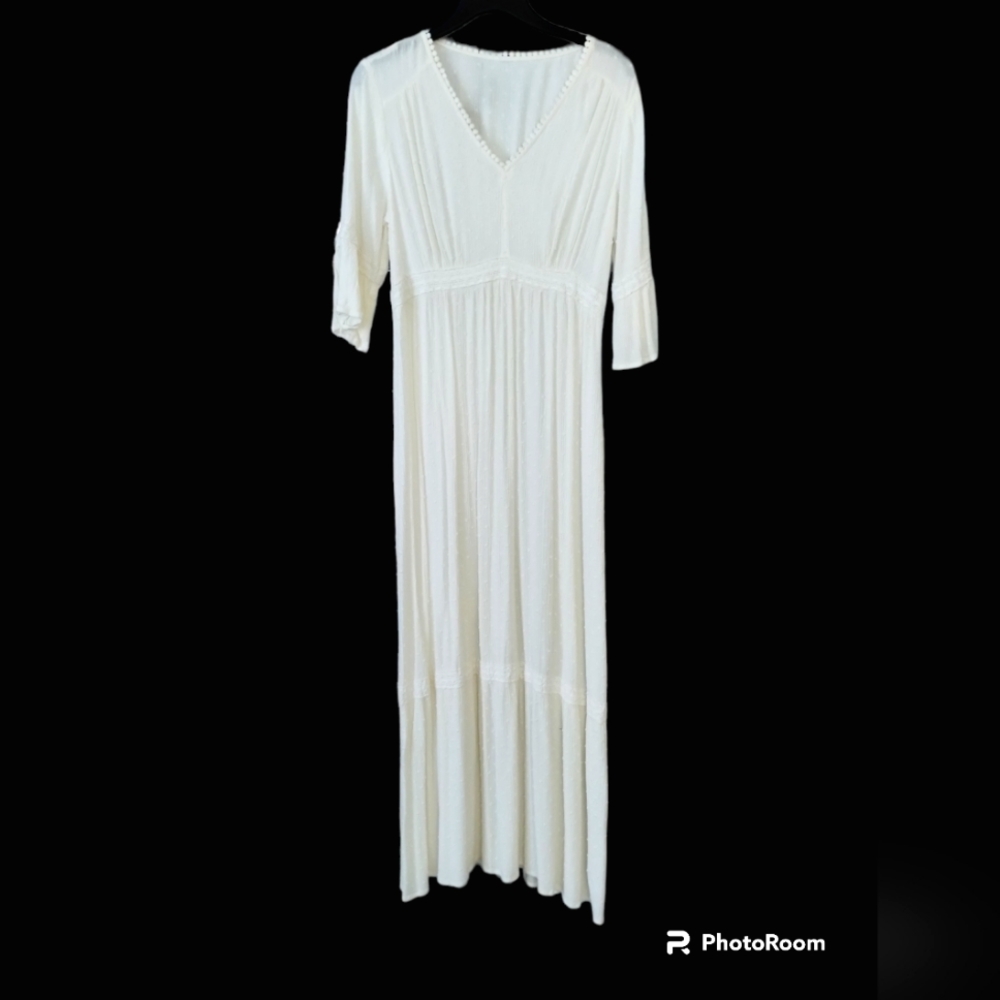Womens Cream White Swiss Dot Bell Sleeve Maxi Dress